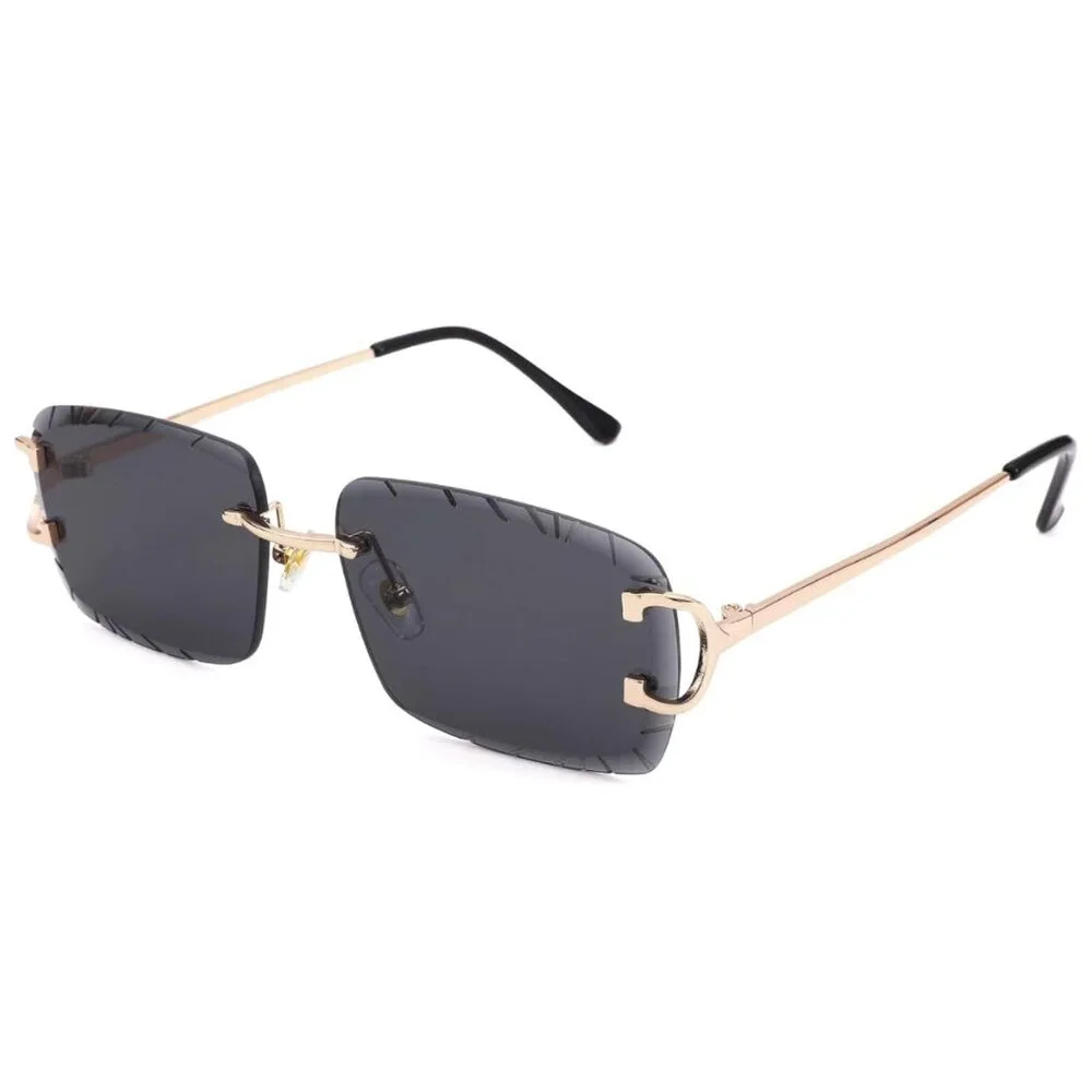 Mens Sunglasses Hip Hop‎ Style Dark Black Lens Gold Rimless Diamond Cut Classy